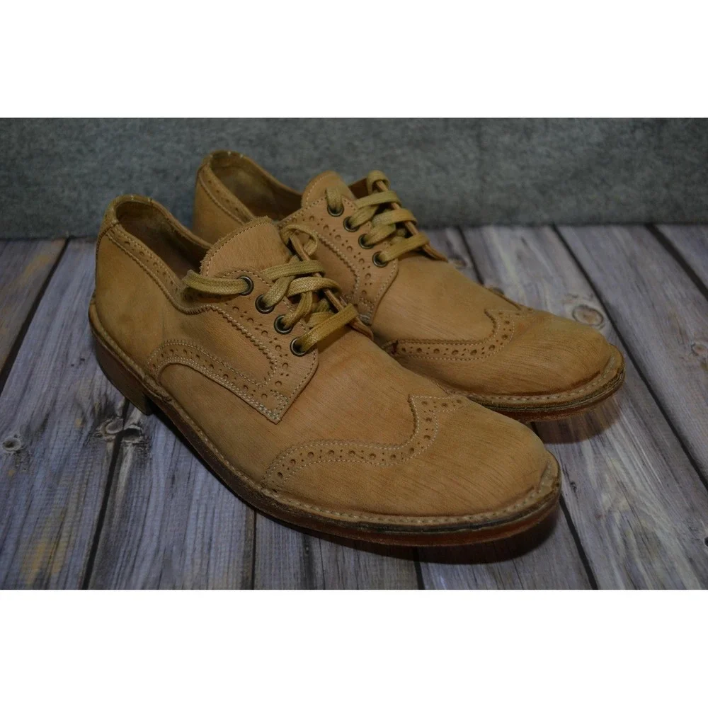 John Varvatos Shoes Mens 8.5 Beige Leather Wingtip Brogue Dress‎ Handmade Italy